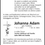 Traueranzeige Johanna Adam, geb. Pschitzka