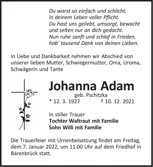 Traueranzeige Johanna Adam, geb. Pschitzka