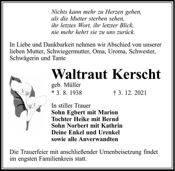 Traueranzeige Waltraut Kerscht, geb. Müller