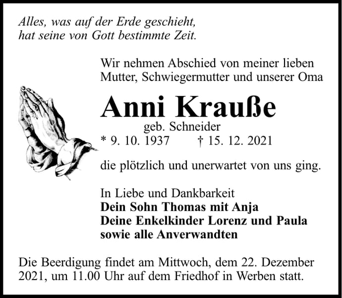 Traueranzeige Anni Krauße, geb. Schneider