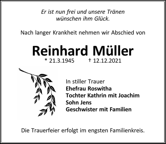 Traueranzeige Reinhard Müller