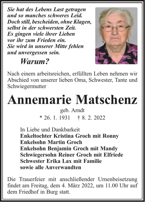 Traueranzeige Annemarie Matschenz, geb. Arndt