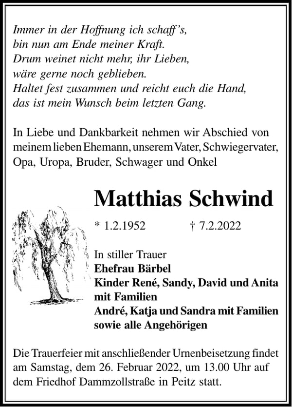 Traueranzeige Matthias Schwind