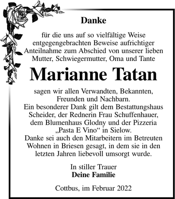 Danksagung Marianne Tatan