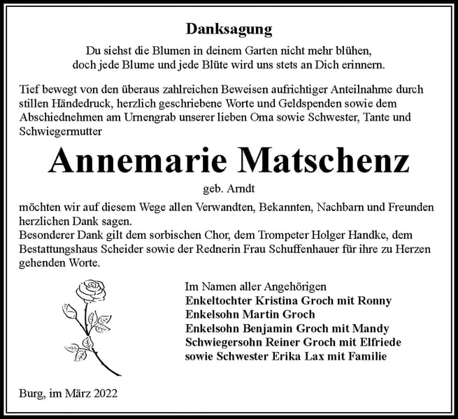 Danksagung Annemarie Matschenz, geb. Arndt