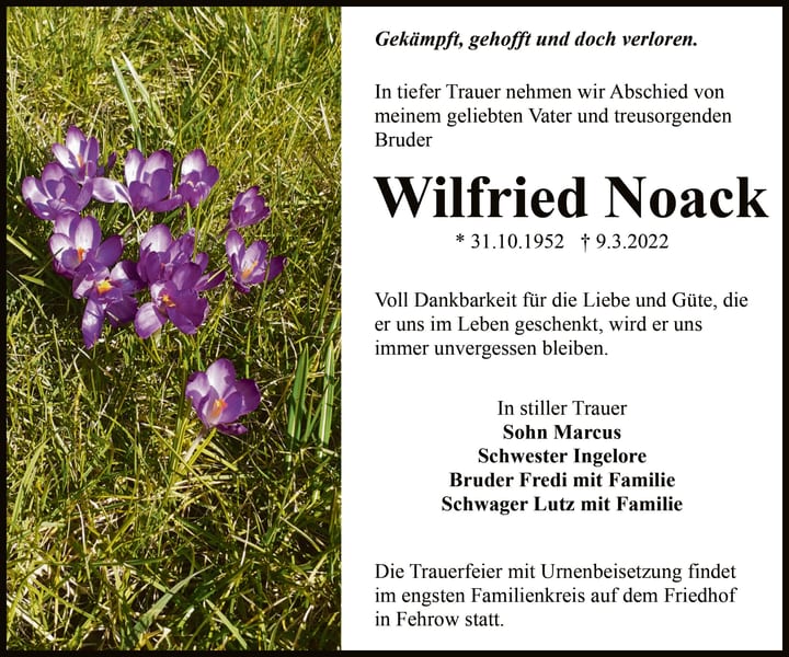 Traueranzeige Wilfried Noack