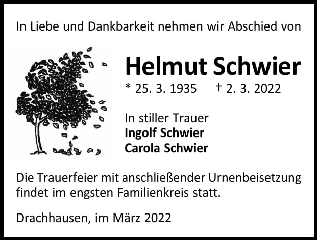 Traueranzeige Helmut Schwier