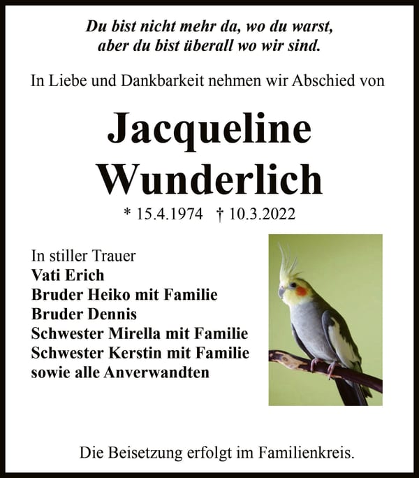 Traueranzeige Jacqueline Wunderlich