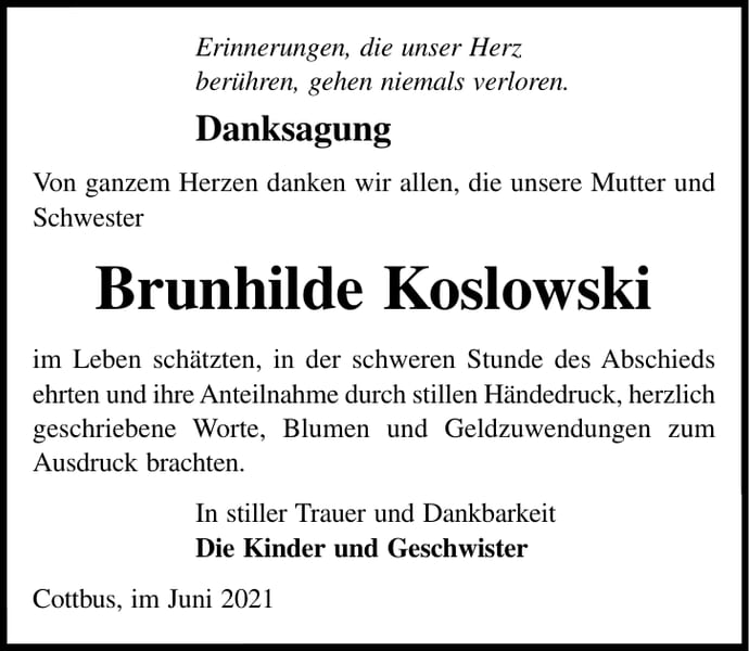 Danksagung Brunhilde Koslowski