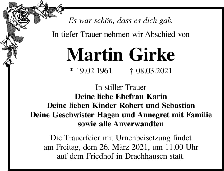 Traueranzeige Martin Girke