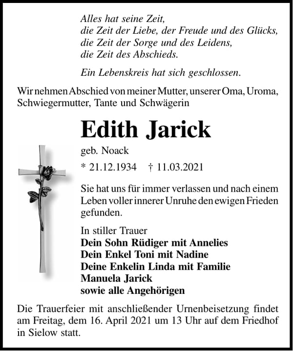 Traueranzeige Edith Jarick, geb. Noack