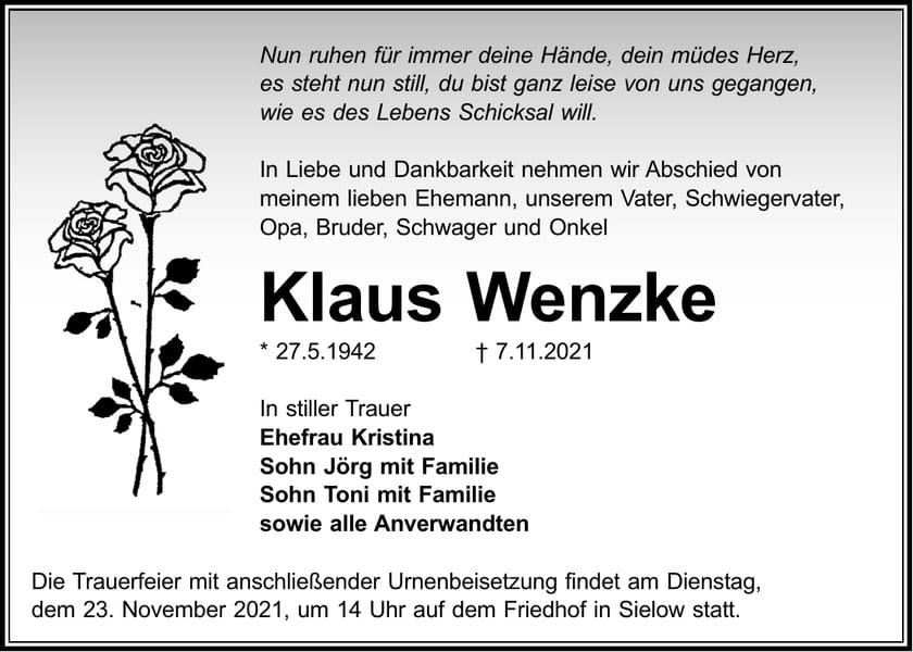Traueranzeige Klaus Wenzke