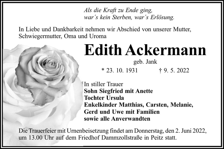 Traueranzeige Edith Ackermann, geb. Jank