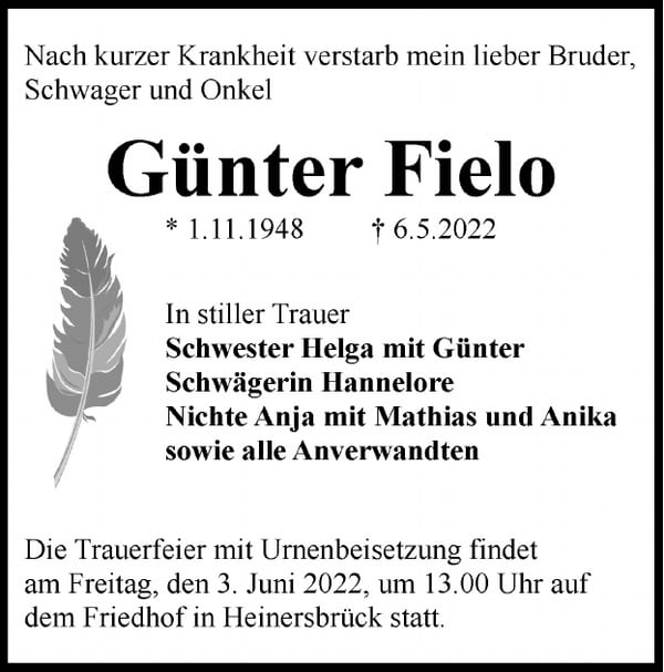 Traueranzeige Günter Fielo