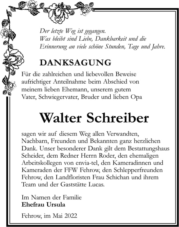 Danksagung Walter Schreiber