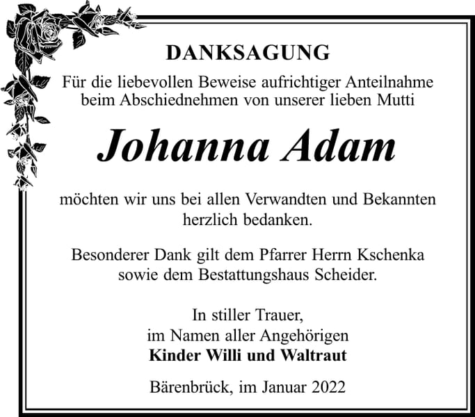 Danksagung Johanna Adam