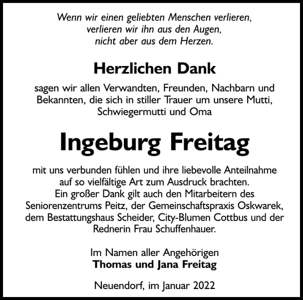 Danksagung Ingeburg Freitag