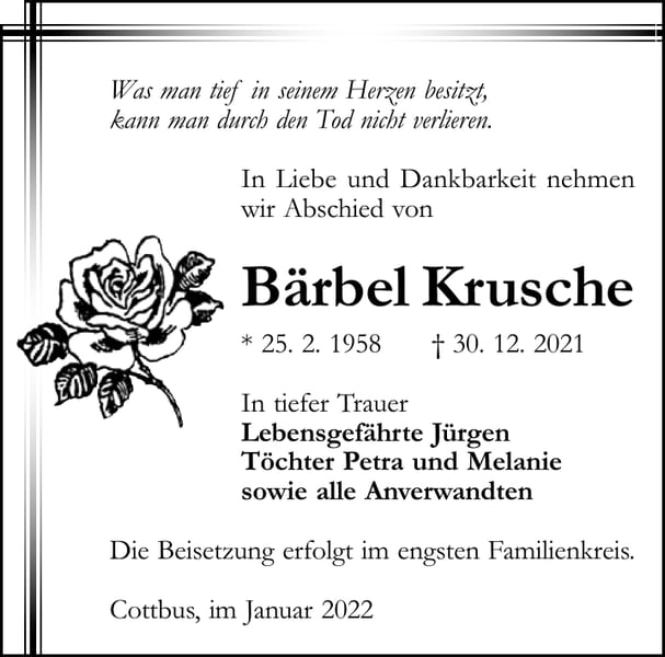 Traueranzeige Bärbel Krusche