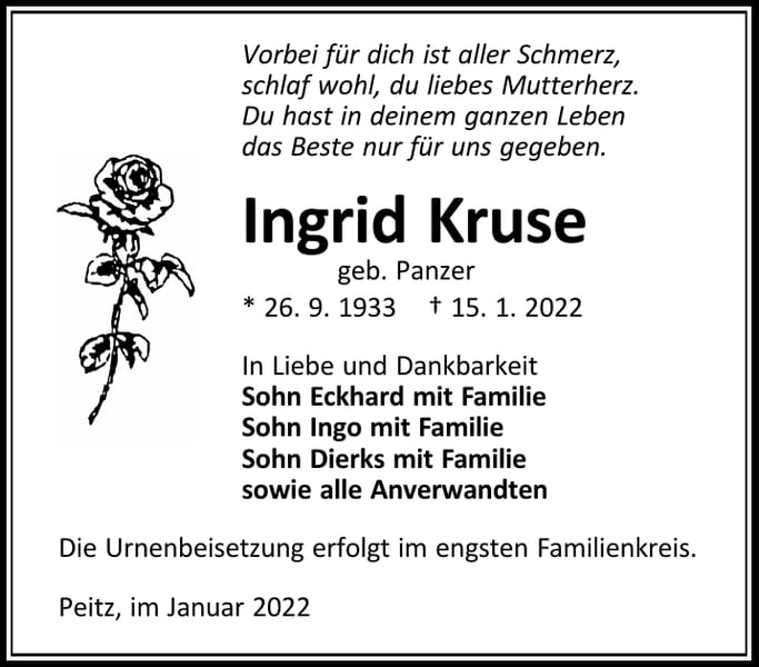 Traueranzeige Ingrid Kruse, geb. Panzer
