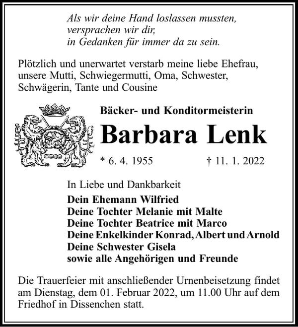 Traueranzeige Barbara Lenk