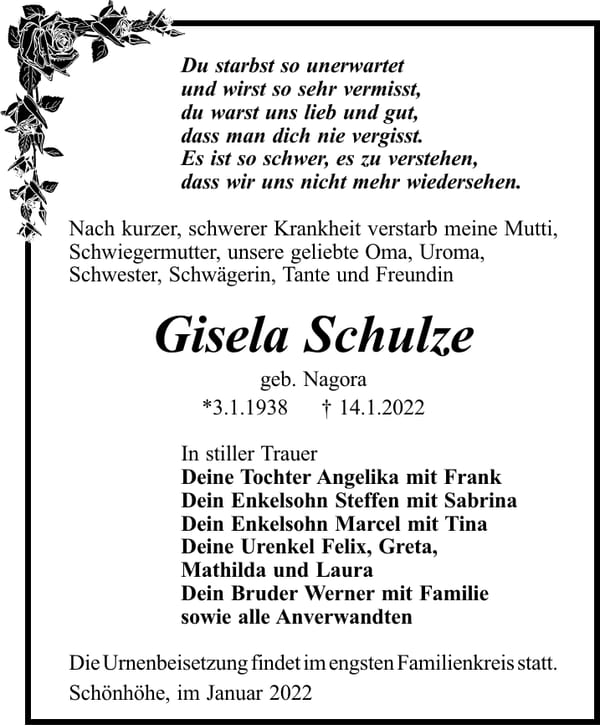 Traueranzeige Gisela Schulze, geb. Nagora