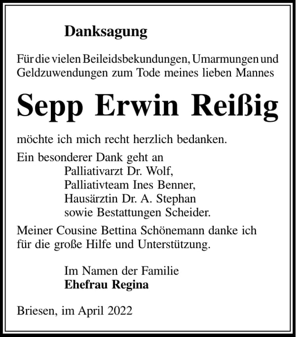 Danksagung Sepp Erwin Reißig