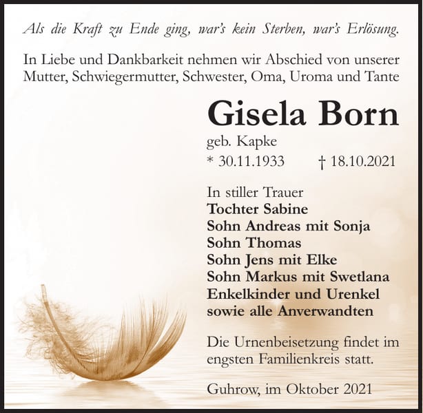 Traueranzeige Gisela Born, geb. Kapke