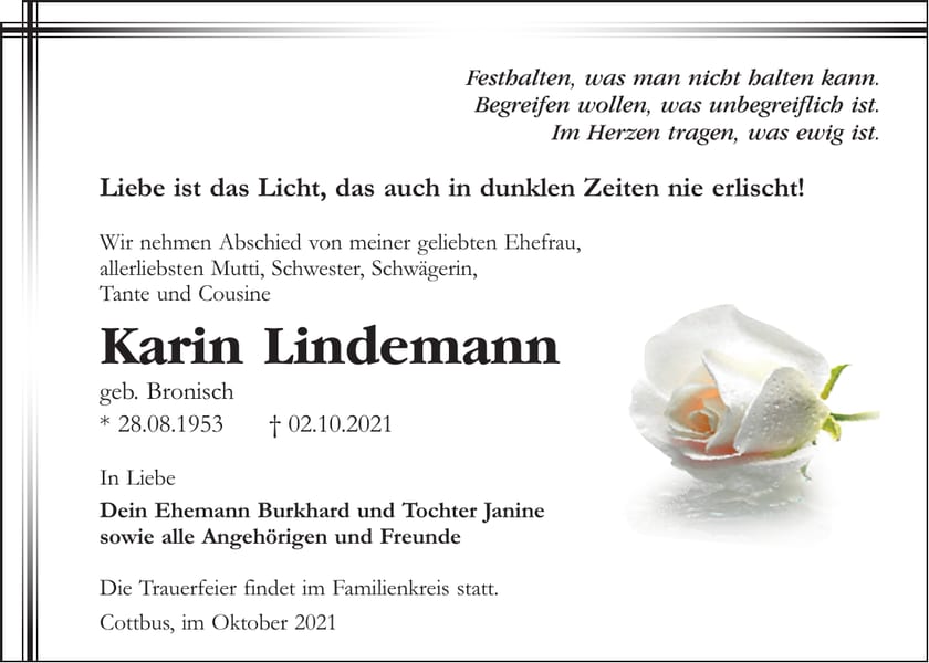 Traueranzeige Karin Lindemann, geb. Bronisch