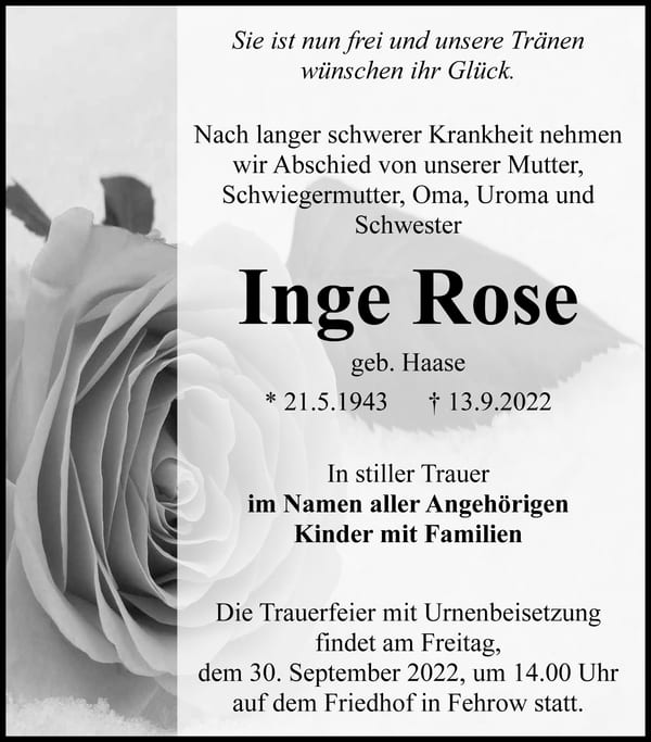 Traueranzeige Inge Rose, geb. Haase