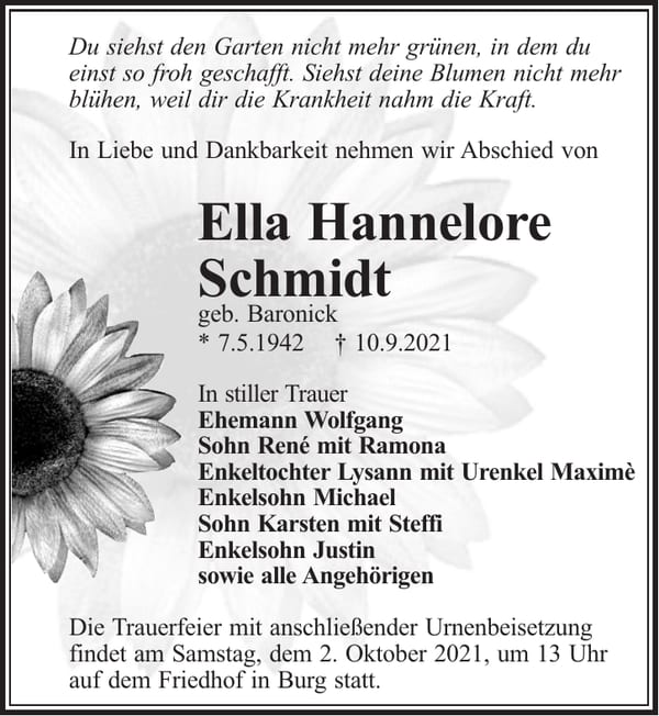 Traueranzeige Ella Hannelore Schmidt, geb. Baronick