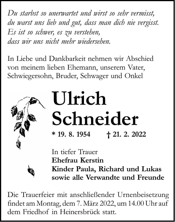 Traueranzeige Ulrich Schneider