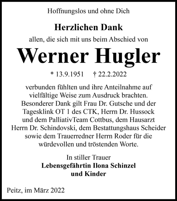 Danksagung Werner Hugler