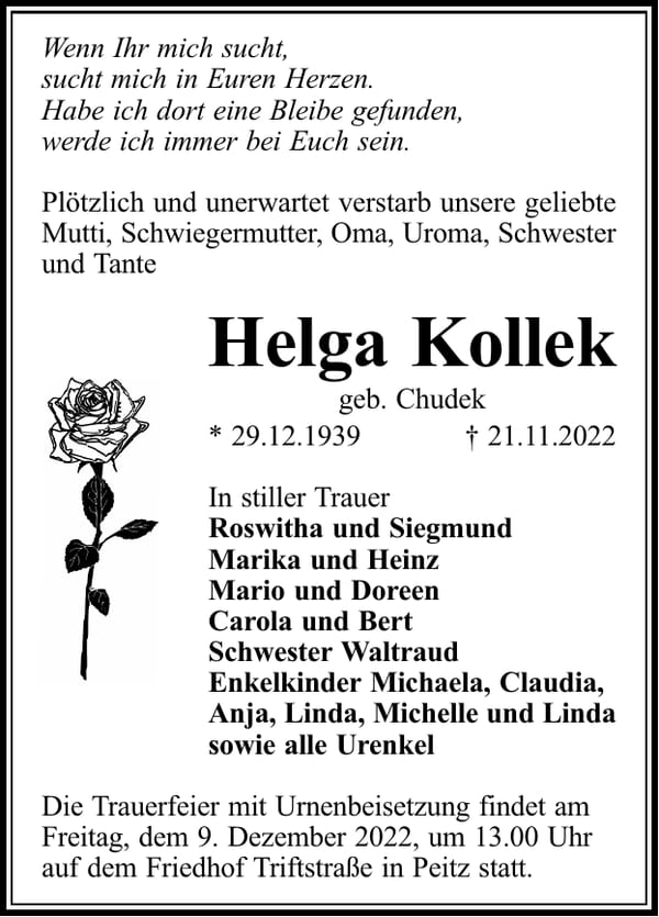 Traueranzeige Helga Kollek, geb. Chudek