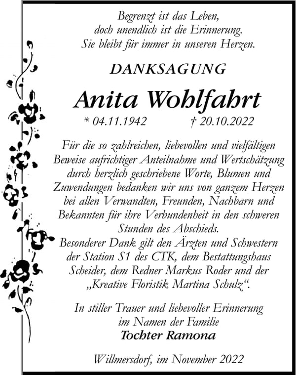 Danksagung Anita Wohlfahrt