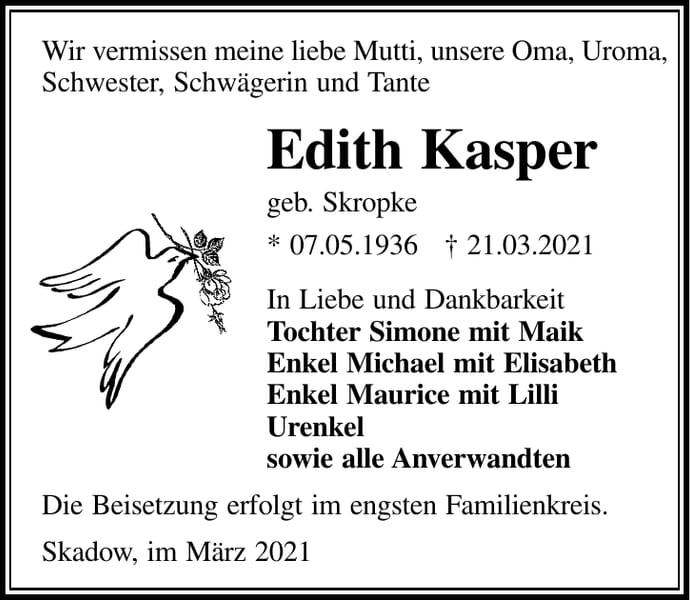 Traueranzeige Edith Kasper, geb. Skropke