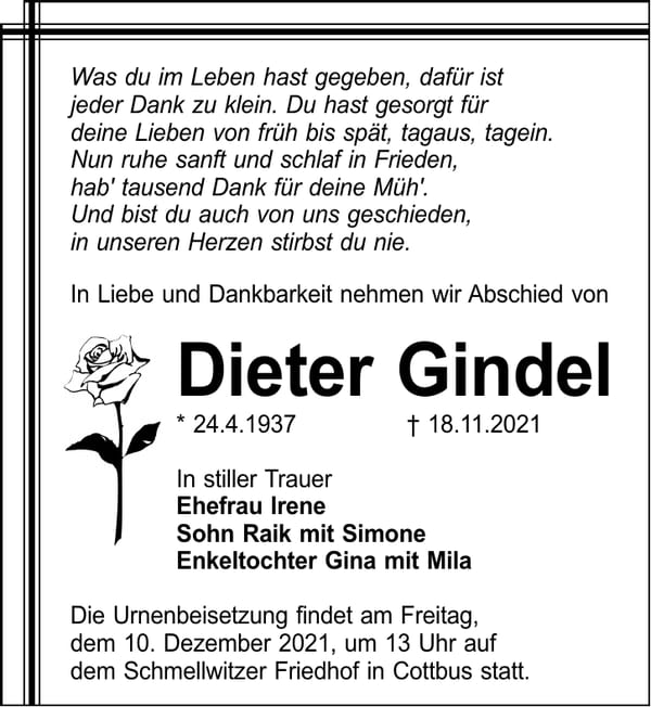Traueranzeige Dieter Gindel