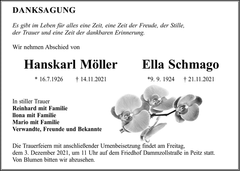 Traueranzeige Hanskarl Möller und Ella Schmago