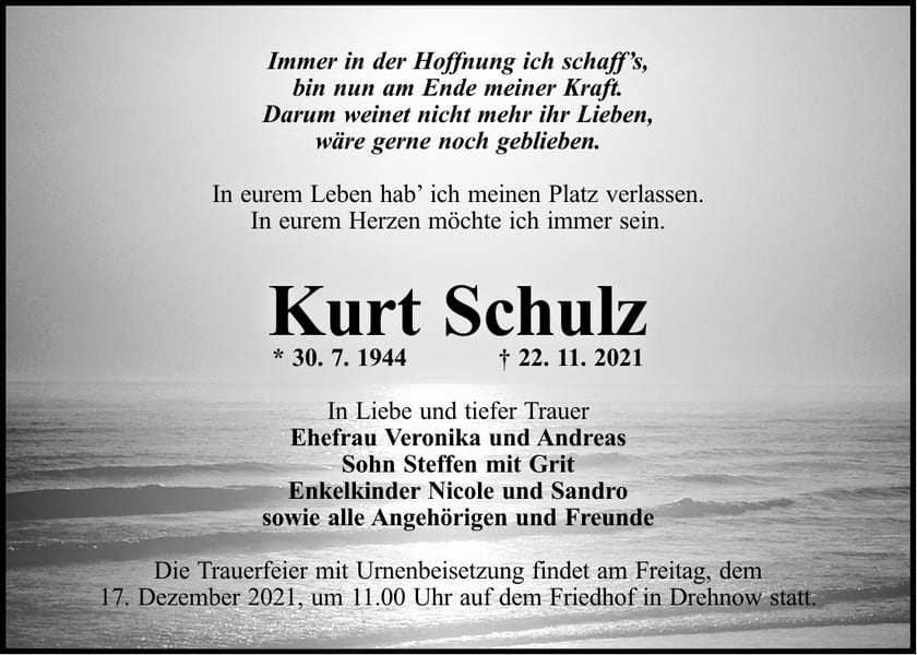 Traueranzeige Kurt Schulz
