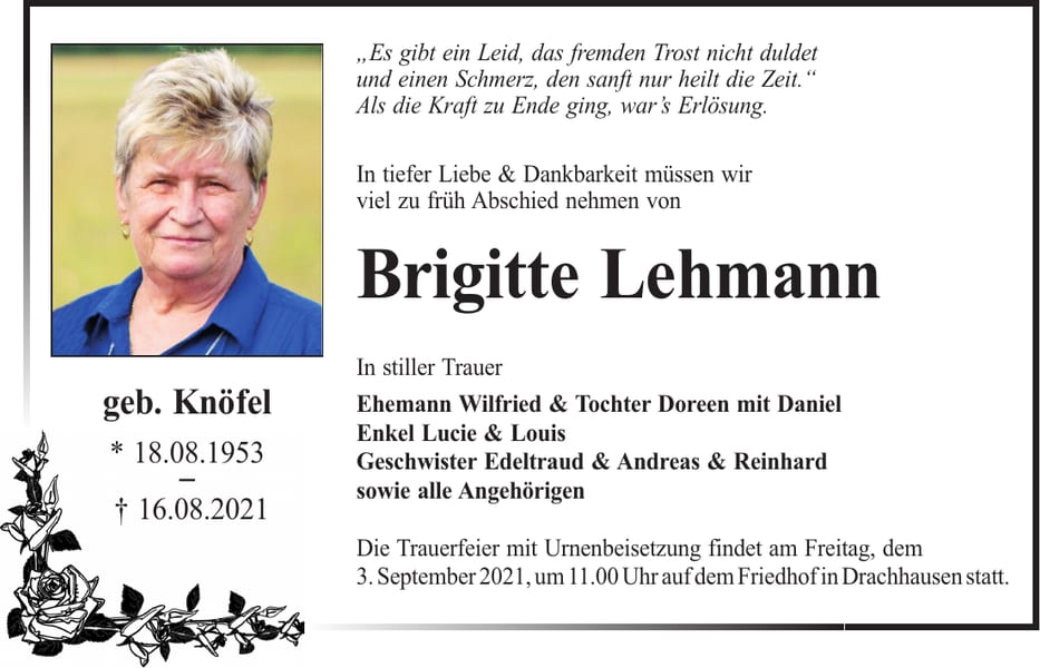 Traueranzeige Brigitte Lehmann, geb. Knöfel