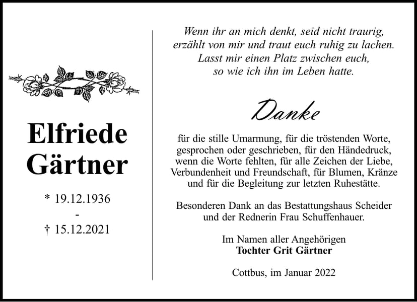 Traueranzeige Elfriede Gärtner