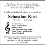 Traueranzeige Sebastian Kost
