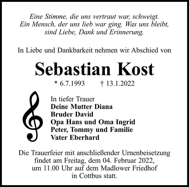 Traueranzeige Sebastian Kost