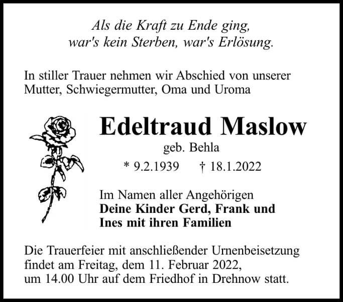 Traueranzeige Edeltraud Maslow, geb. Behla
