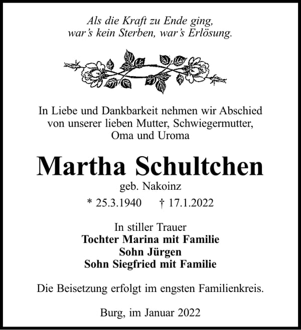 Traueranzeige Martha Schultchen, geb. Nakoinz