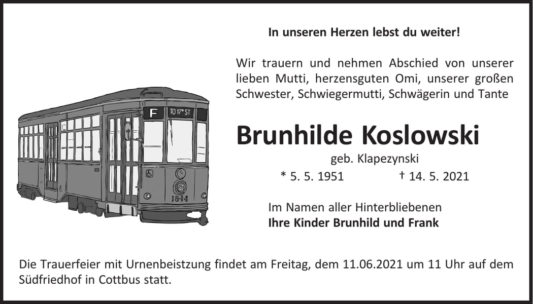 Traueranzeige Brunhilde Koslowski, geb. Klapezynski