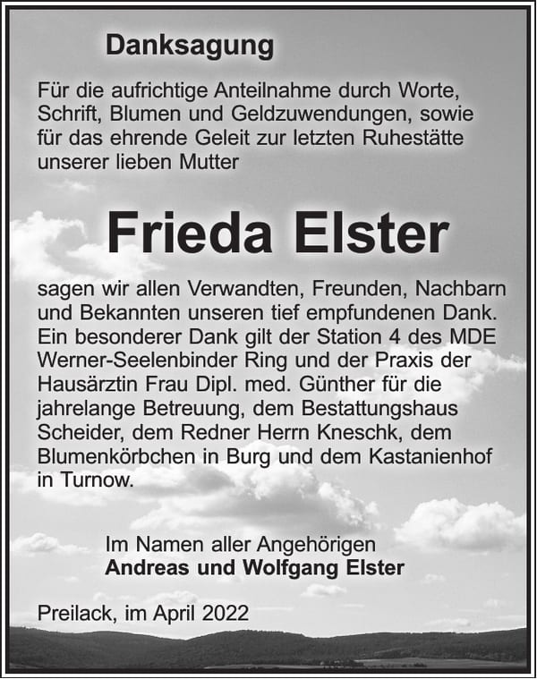 Danksagung Frieda Elster