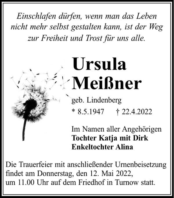 Traueranzeige Ursula Meißner, geb. Lindenberg