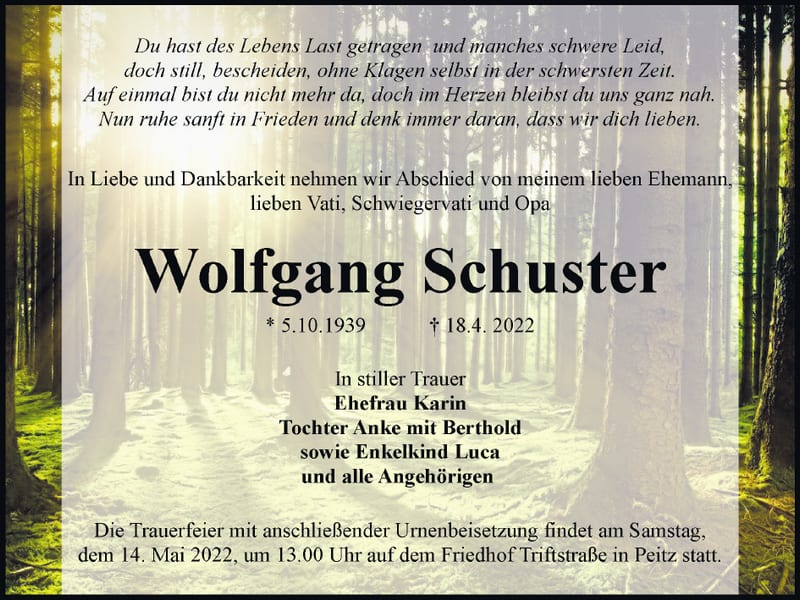 Traueranzeige Wolfgang Schuster