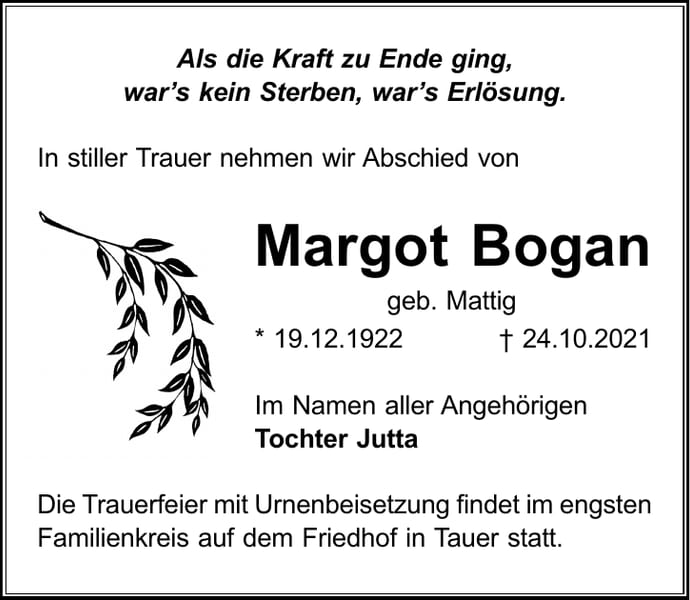 Traueranzeige Margot Bogan, geb. Mattig