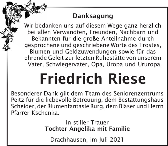 Danksagung Friedrich Riese
